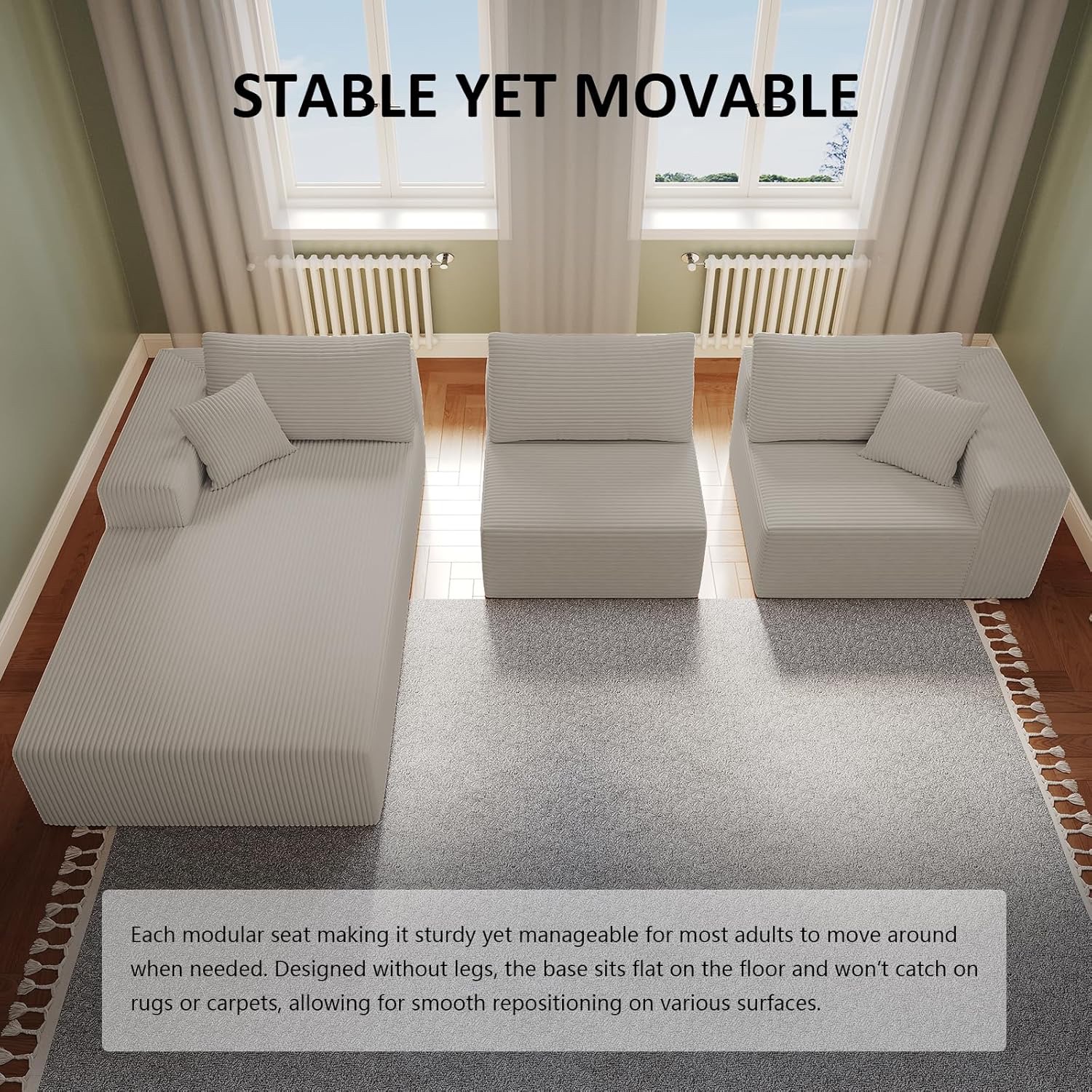 Boneless couch modules shown as stable yet moveable.