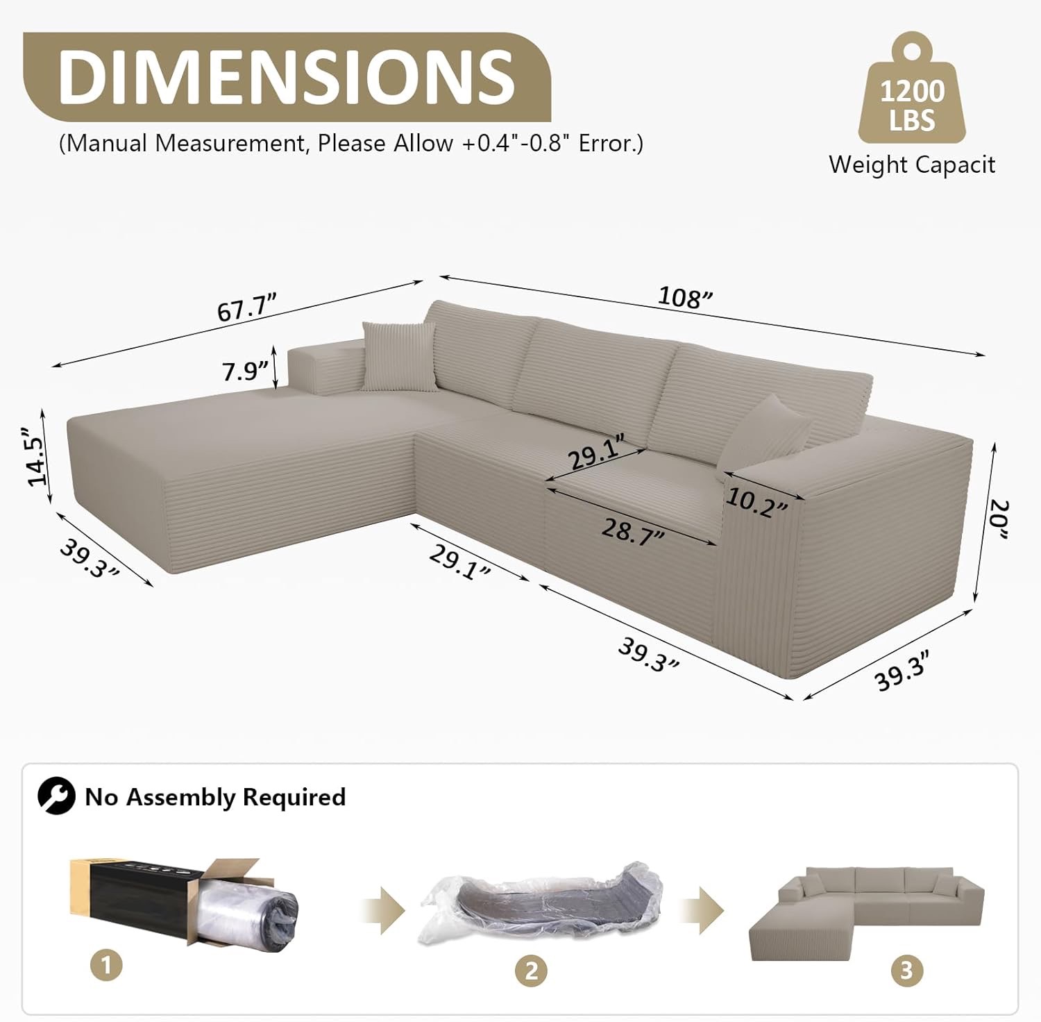 Cloud sofa dimensions, weight capacity, and no-assembly illustration.